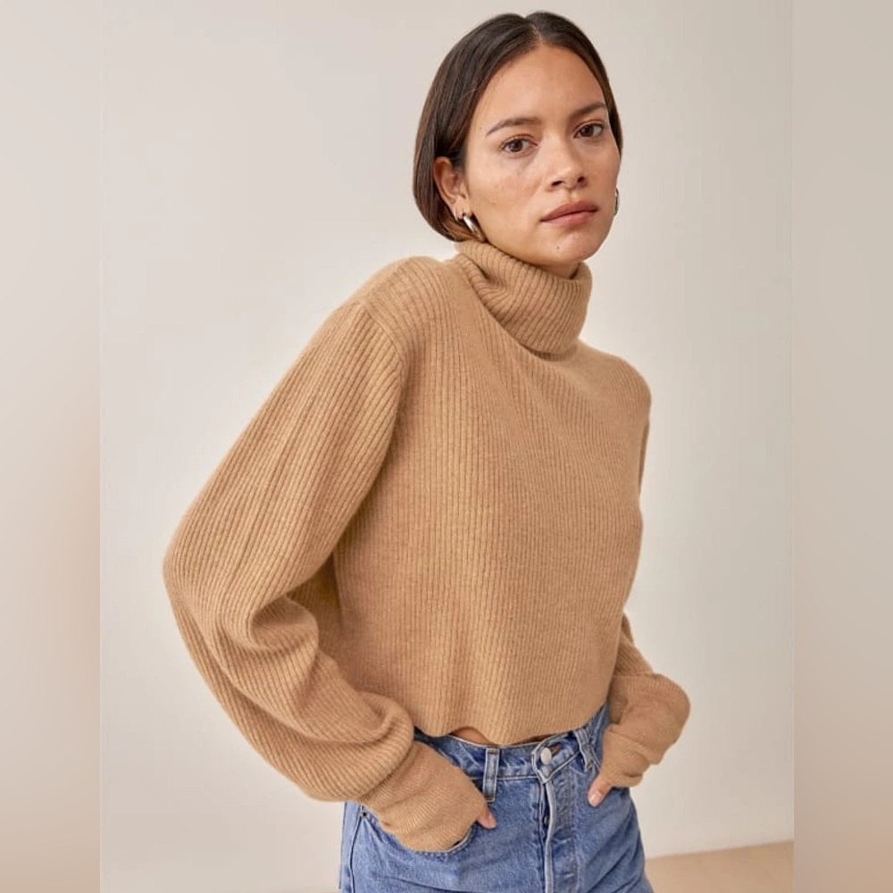 Reformation Camel/Tan Ribbed Cashmere Blend Turtleneck Sweater